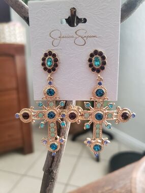 Jessica Simpson Golden Cross Drop Earrings with Teal and Purple Stones
